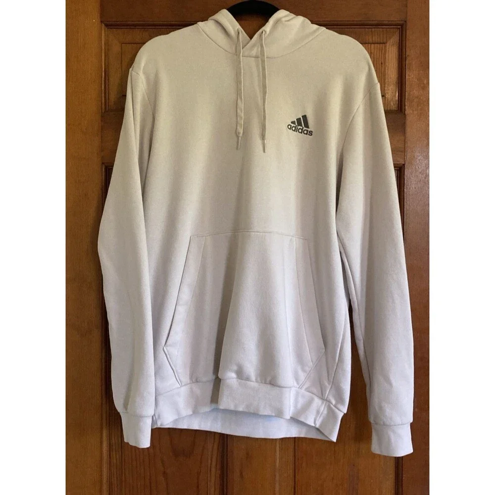 Adidas Mens L Beige Fleece Pullover Hoodie Pocket Logo Cozy Athleisure Relaxed